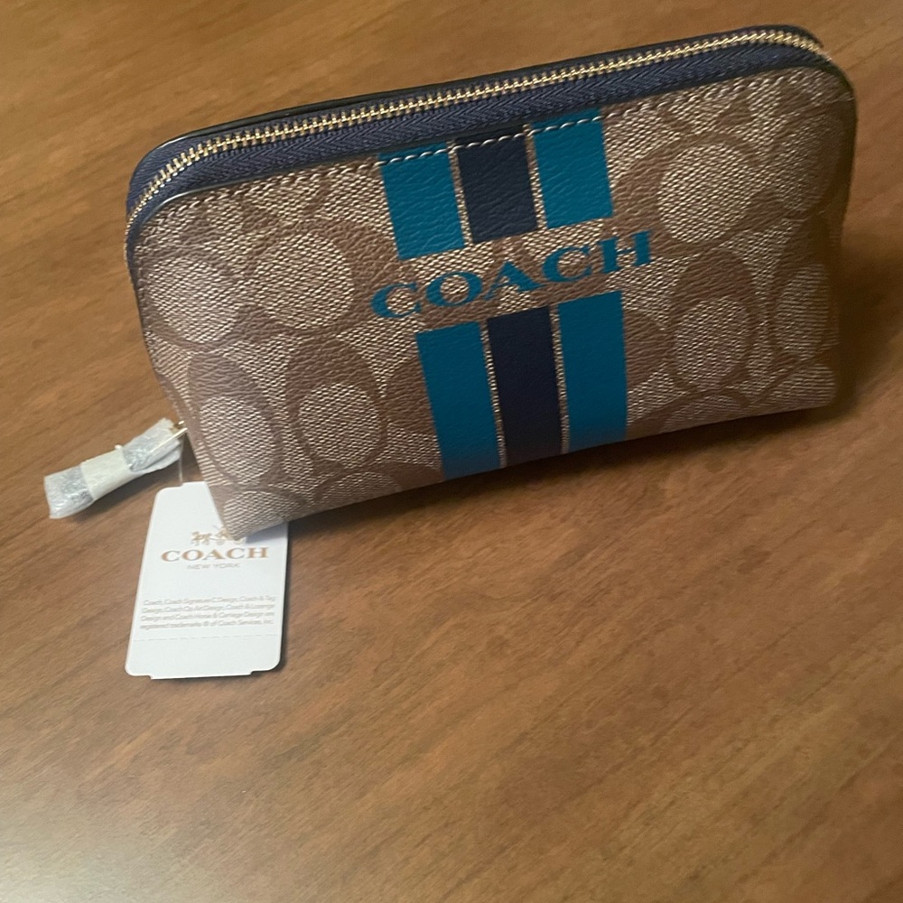 Coach Tan and Blue Signature cosmetic case